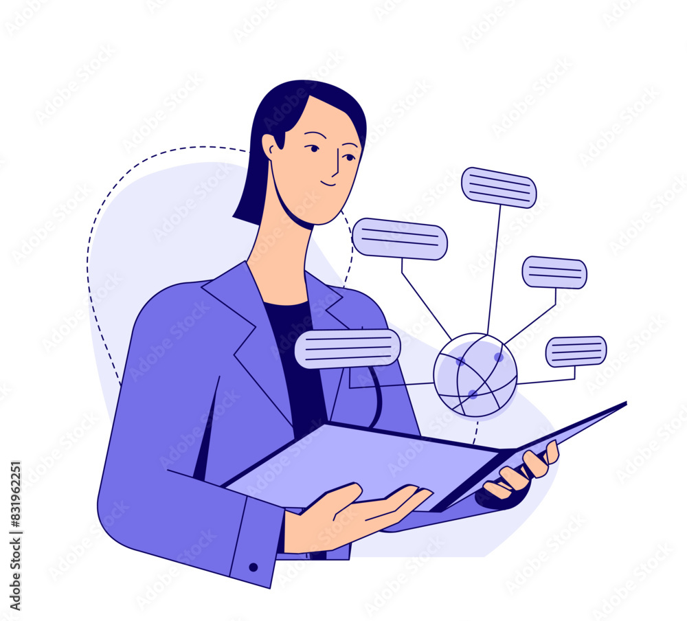 Scene at office. Global Business and Communication. Woman entrepreneur or company employee discussing strategy with partners or team. Flat vector illustration isolated on white background Scene at office. Global Business and Communication. Woman entrepreneur or company employee discussing strategy with partners or team. Flat vector illustration isolated on white background
