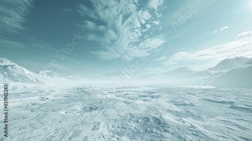 A desolate icy expanse reminiscent of the polar regions representing the threat of climate change exacerbated by the carbon footprint of blockchain operations. photo