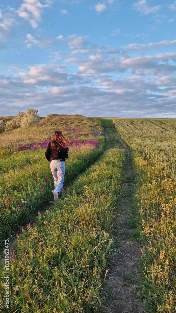 Picturesque summer scene with a young woman holding a bouquet of wild sage flowers running on a country road between a Balkan clary meadow and a green wheat field Picturesque summer scene with a young woman holding a bouquet of wild sage flowers running on a country road between a Balkan clary meadow and a green wheat field