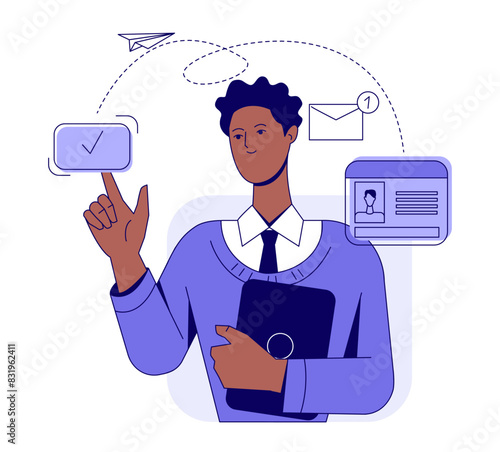 Scene at office. Male entrepreneur or company employee solves business problems and hires new workers. Recruitment and Human Resources. Flat vector illustration isolated on white background