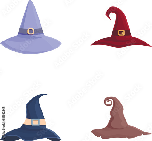 Witch hat icons set cartoon vector. Wizard spooky decorated hat. Halloween party