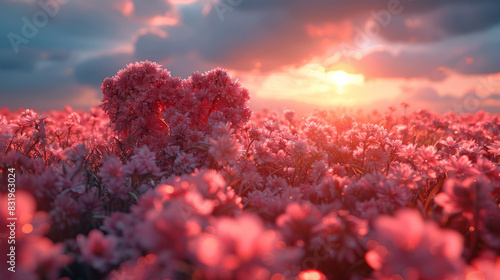 Heart-shaped flower arrangement in a sea of pink blossoms at sunset © standret