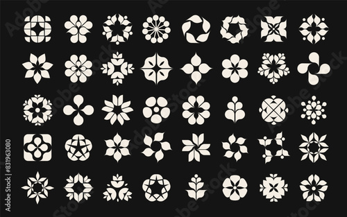 Collection of geometric flowers and shapes, modern minimalist style elements. Black and white symbols, brand and logo elements
