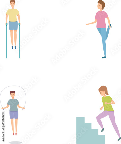 Street workout icons set cartoon vector. People training at outdoor sport area. Physical activity