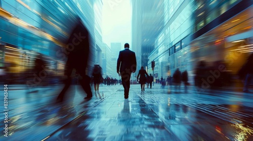 A blurry image of a busy city street with people walking and a man in a suit