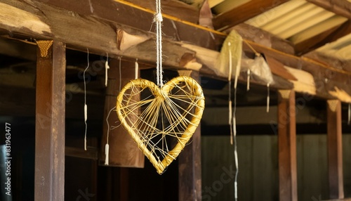 The heart  crafted from golden threads  hanging delicately in the cobweb of a forgotten attic.
