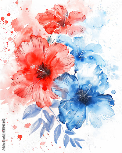 Watercolor Red and Blue Florals Background