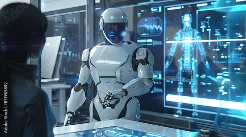 A human-like humanoid and a person working together at a futuristic workstation. Holographic screens and advanced gadgets around.
