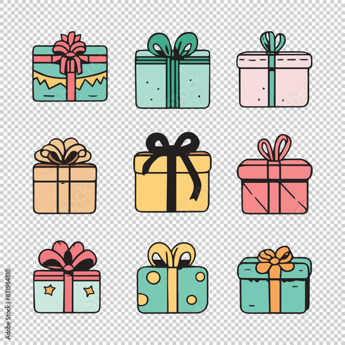 Cute cartoon christmas presents set, colorful vector illustrations on transparent background