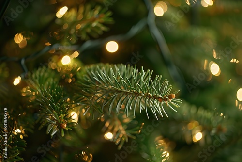 Christmas Lights Hanging against Evergreen Trees Pine Branches with Needles. Winter Evergreen Fir, Many Particles of Snow Dust Falling. Green Spruce, Tiny Light Golden Bokeh. Natural Xmas Background