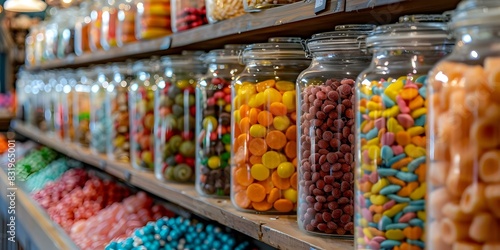 Display of Vintage Sweets in Glass Jars at a Candy Store. Concept Vintage Sweets, Glass Jars, Candy Store Display