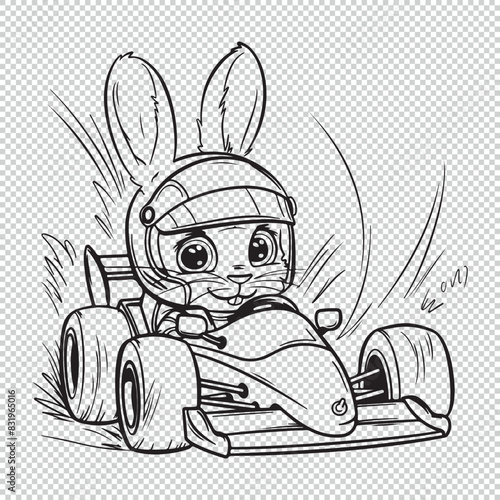 Cute easter bunny sitting in formula car, black vector illustration for kids coloring book