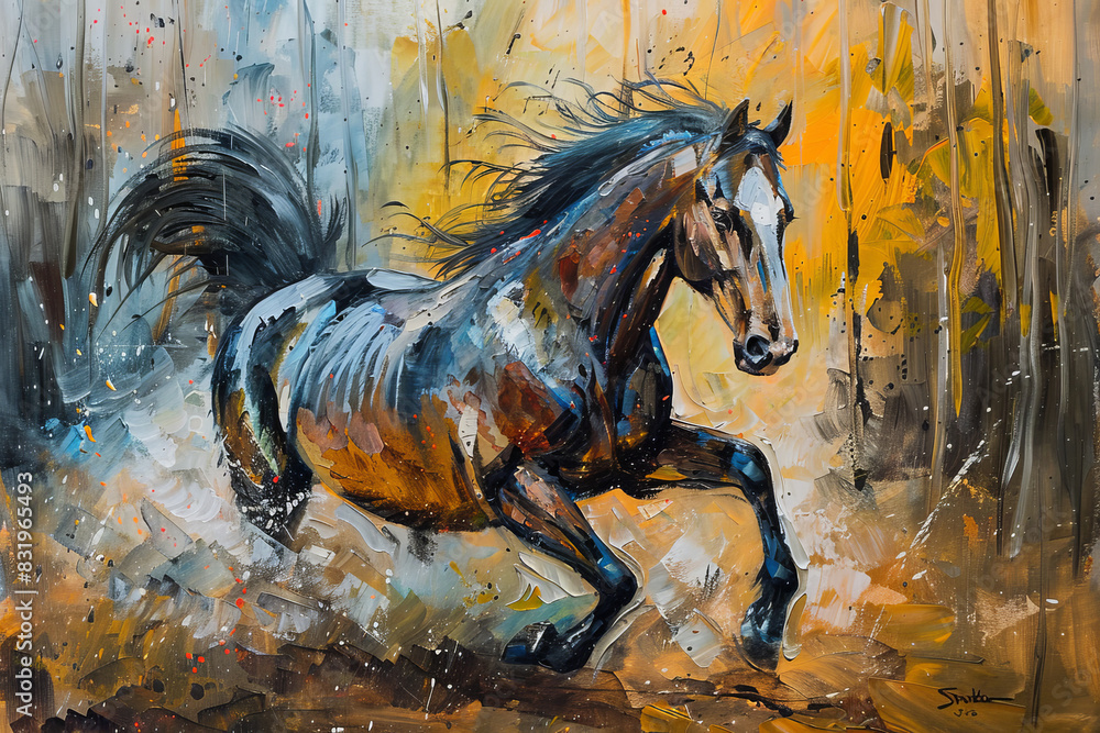Fototapeta premium Beautiful oil painting of a running horse in nature