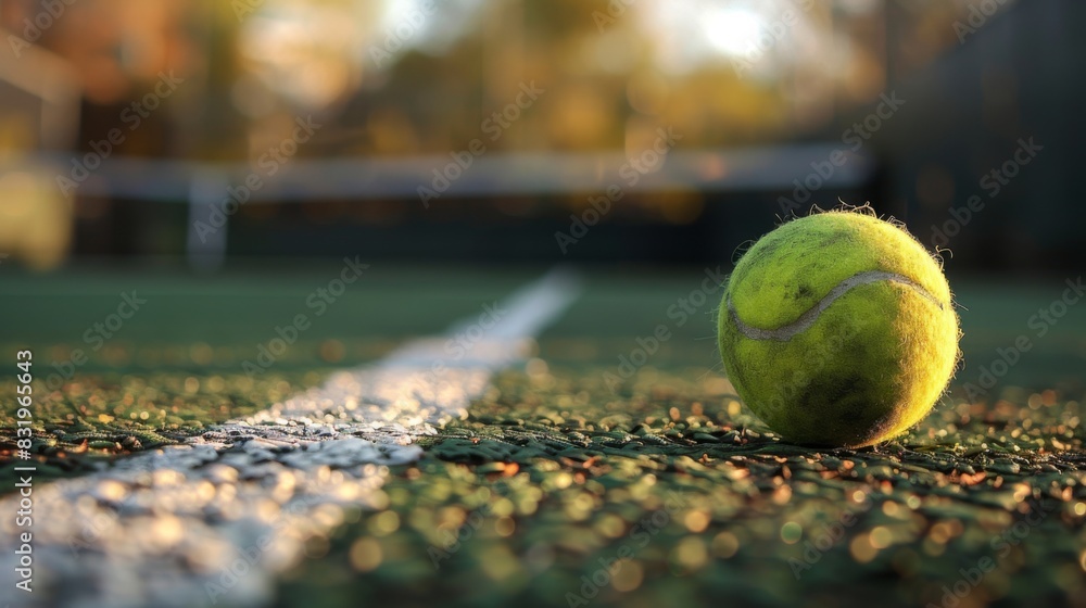 Tennis ball on court , sunset. ai generated