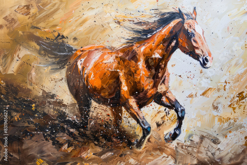 Dynamic oil painting of a running brown horse in motion