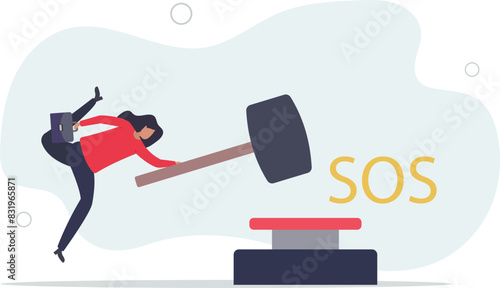 smart businesswoman in hurry hit the SOS button with big hammer.flat vector illustration.