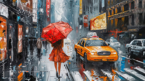 Woman with red umbrella walking in rainy New York street © standret