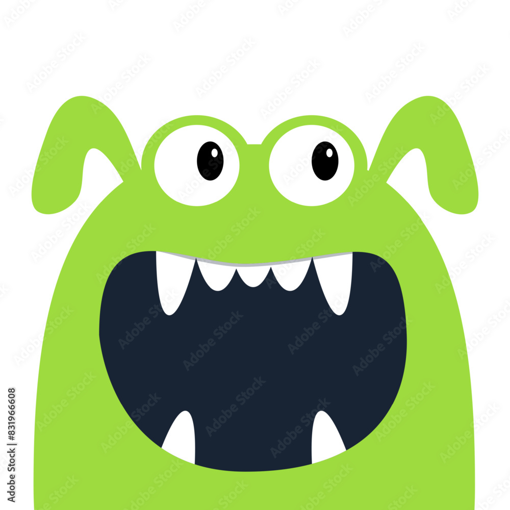 Happy Halloween. Cute monster scary screaming face head icon. Eyes, fang tooth, ears. Green silhouette. Cartoon boo spooky kawaii funny baby character. Flat design White background Vector illustration Happy Halloween. Cute monster scary screaming face head icon. Eyes, fang tooth, ears. Green silhouette. Cartoon boo spooky kawaii funny baby character. Flat design White background Vector illustration