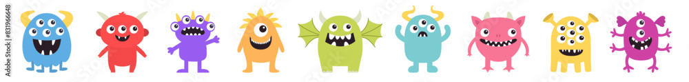 Monster icon set line. Happy Halloween. Cute kawaii cartoon funny baby character. Colorful silhouette. Eyes, fang teeth, horn, wing. Childish style. Sticker print. Flat design. White background Vector Monster icon set line. Happy Halloween. Cute kawaii cartoon funny baby character. Colorful silhouette. Eyes, fang teeth, horn, wing. Childish style. Sticker print. Flat design. White background Vector