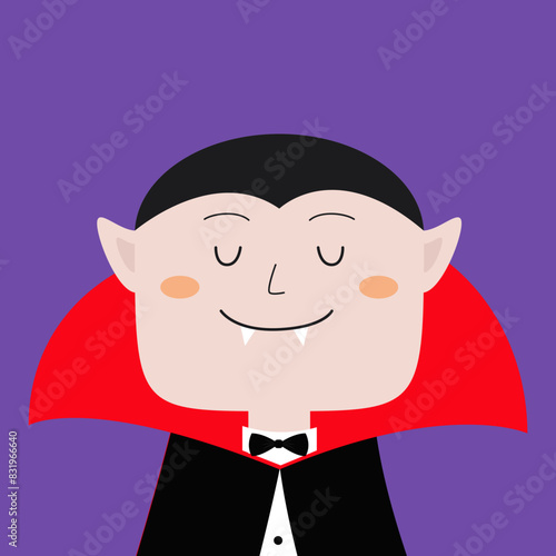 Count Dracula head face with fang teeth. Black and red cape. Cute cartoon kawaii smiling vampire character. Happy Halloween. Greeting card, banner. Flat design. Violet background. Isolated. Vector