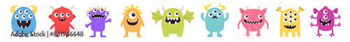 Monster icon set line. Happy Halloween. Cute kawaii cartoon funny baby character. Colorful silhouette. Eyes, fang teeth, horn, wing. Childish style. Sticker print. Flat design. White background Vector