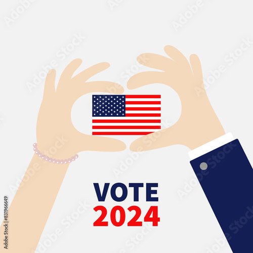 President election day 2024. Voting concept. Man Woman hand holding American flag sign symbol. Flat design. Greeting card. Banner template. Isolated. White background. Vector illustration