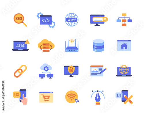 Set of Website related colorful icons. Bright sign with digital server, internet, homepage, hosting, link and ui design. Elements for app. Cartoon flat vector collection isolated on white background