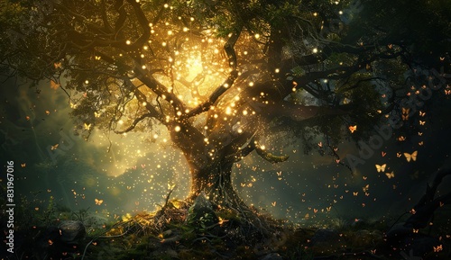 A mystical, enchanted tree background with glowing elements and magical creatures.