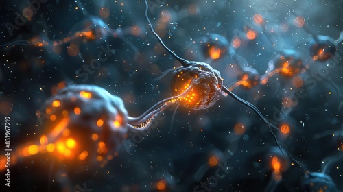 Closeup illustration of neurons with synapses glowing