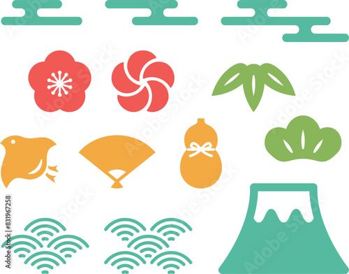 シンプルで可愛いフラットデザインの和風モチーフセット