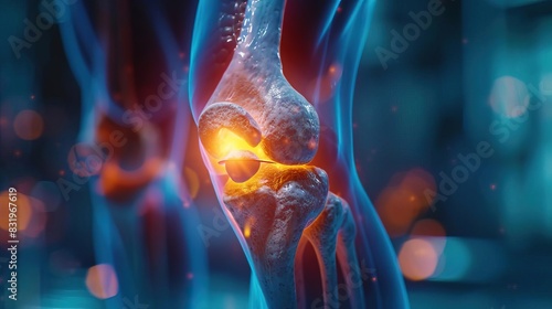 Closeup view of a human knee joint with a highlighted pain area photo