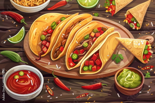 Wallpaper Mural Mexican food on wood background, tacos,quesadillas,enchiladas, vector style Torontodigital.ca