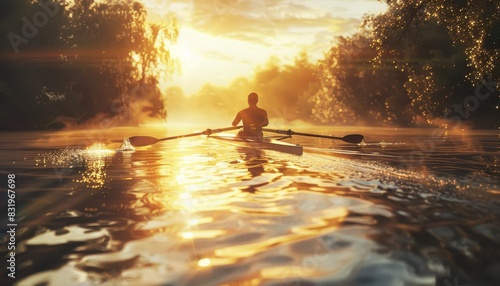 A lone rower glides through calm waters at sunrise, surrounded by misty trees, creating a serene and peaceful scene of early morning tranquility. photo