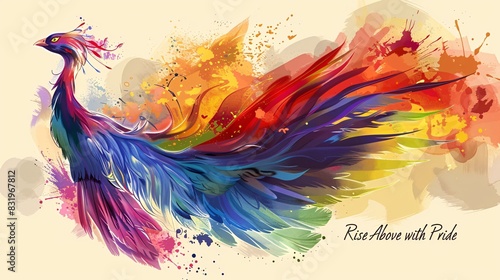 An empowering banner commemorating LGBTQ  Pride Month  showcasing a dynamic illustration of a rainbow-colored phoenix spreading its wings in triumph. The phoenix symbolizes resilience and