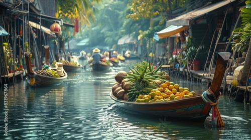 A Thai floating market with boats of tropical fruits, coconut water, and herbs drifts along a serene canal. photo