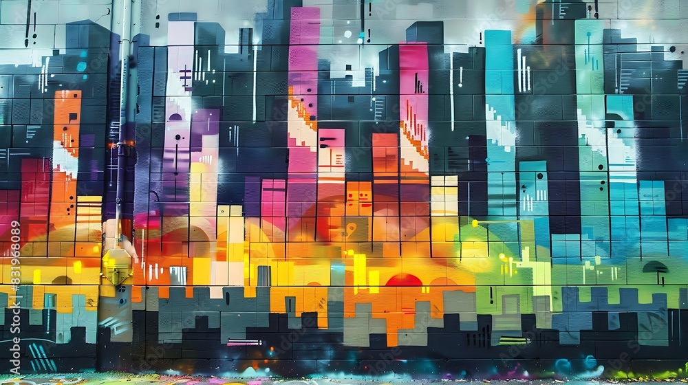 A graffiti mural with an abstract representation of sound equalizer bars A graffiti mural with an abstract representation of sound equalizer bars