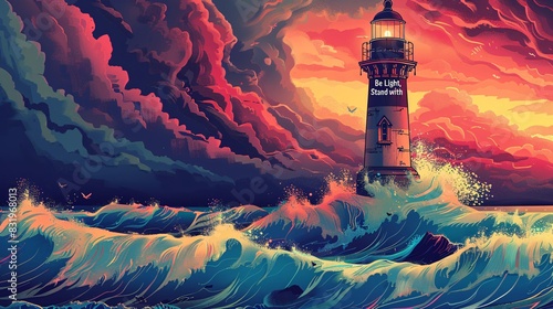 An empowering poster honoring LGBTQ+ Pride Month, featuring an uplifting illustration of a rainbow-colored lighthouse standing tall and strong amidst turbulent waves. The lighthouse represents hope photo
