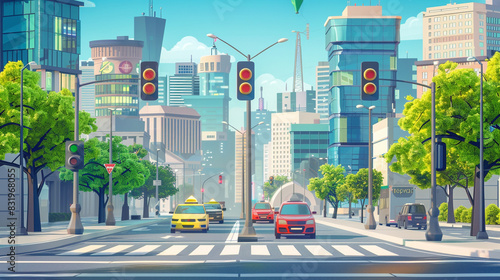 A smart city infrastructure with IoT-connected traffic lights, parking meters, and waste management systems facilitating efficient urban management and improving quality of life