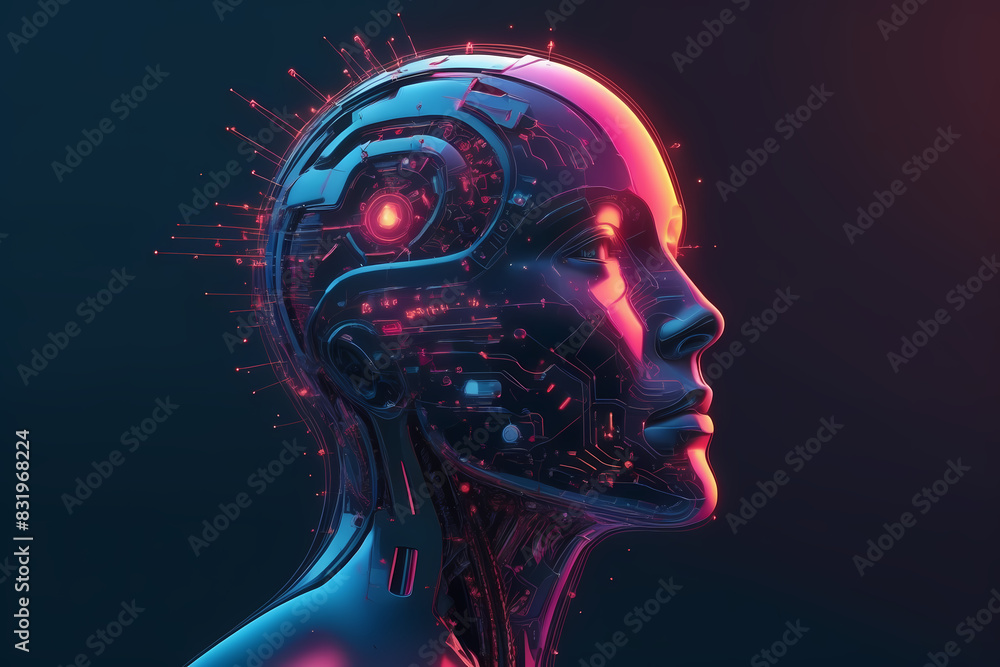 humanoid robot head representing artificial intelligence, with colorful digital elements symbolizing futuristic technology and innovation humanoid robot head representing artificial intelligence, with colorful digital elements symbolizing futuristic technology and innovation