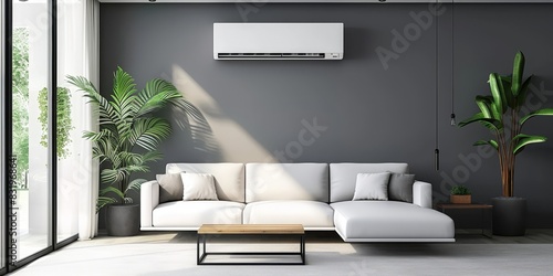 Black and white living room with simple furnishings and air conditioning ing, Generative AI photo