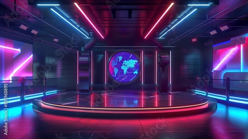 A modern tv hosting or game show studio set glowing with neon lights and futuristic design, ready for the next live broadcast