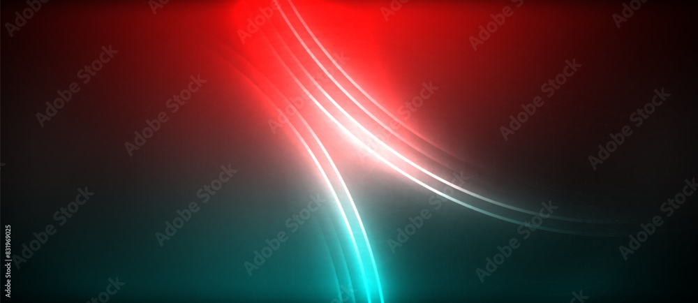 Obraz premium Neon glowing circle rays, light round lines in the dark, planet style neon wave lines. Energetic electric concept design for wallpaper, banner, background