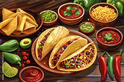 Wallpaper Mural Mexican food on wood background, tacos,quesadillas,enchiladas, vector style Torontodigital.ca