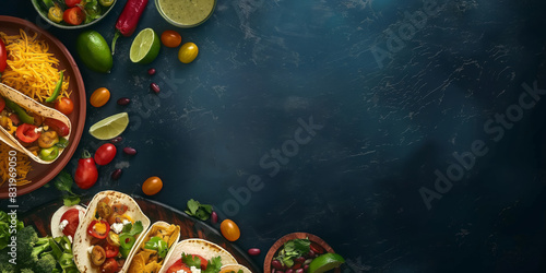 Mexican food creative background for menu and restaurant. Typical latin dishes in Mexico. Tortilla, burrito, chilli con carne, chilli, pepper, tomatoes, and tomato sauce. Food menu, copy space design.