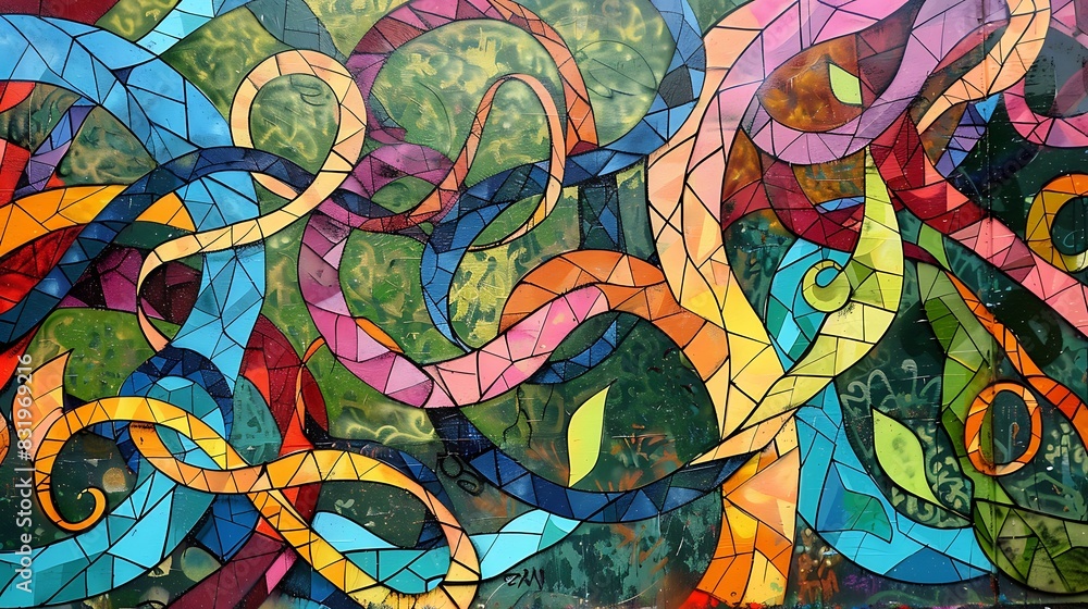 A graffiti mural with an abstract pattern of intertwining vines A graffiti mural with an abstract pattern of intertwining vines