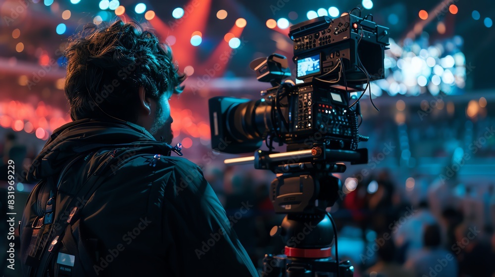 Fototapeta premium During the recording of a live event or live production, a cameraman is photographed over his shoulder