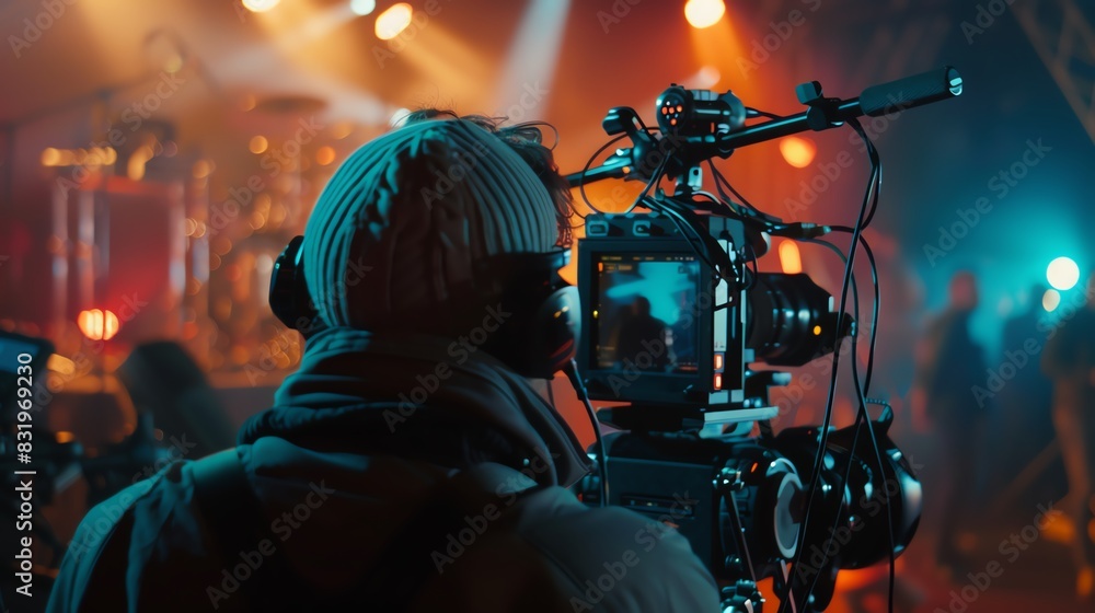 During the recording of a live event or live production, a cameraman is photographed over his shoulder During the recording of a live event or live production, a cameraman is photographed over his shoulder