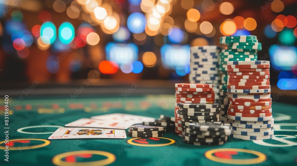 Gaming flat lay Closeup of cards on a gaming table in a casino against a background of chips Background for a gaming business Gaming flat lay Closeup of cards on a gaming table in a casino against a background of chips Background for a gaming business