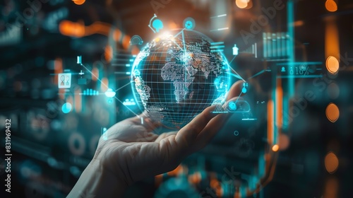 Hand presenting a holographic globe with economic growth charts symbolizing global business trends and data analysis