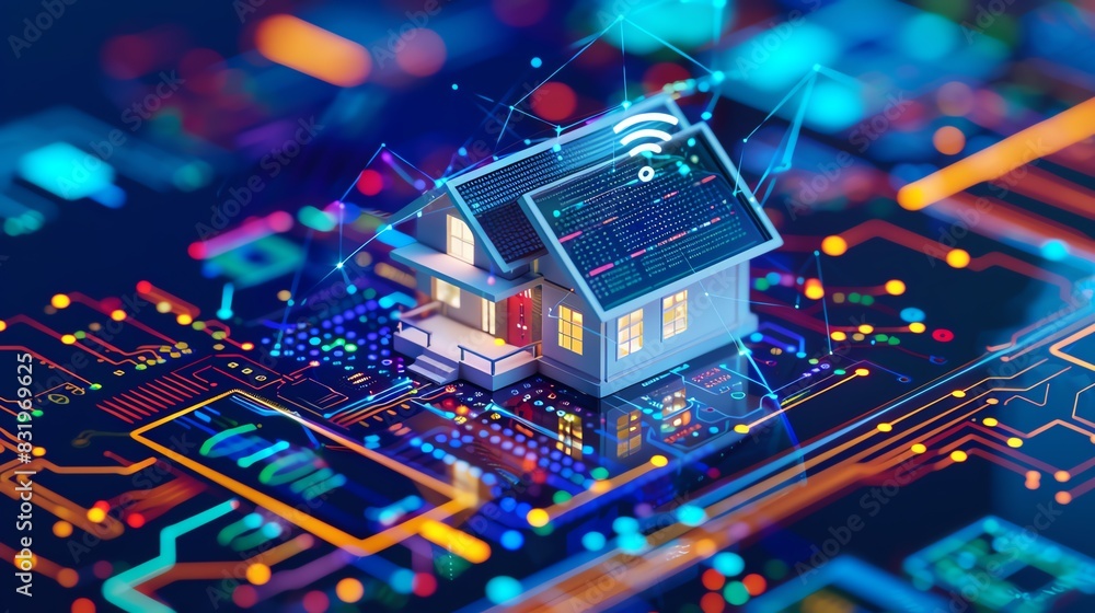 IoT technology controlled smart home smartphone Internet of things device used in home automation system A small house stands on screen with mobile phone IoT technology controlled smart home smartphone Internet of things device used in home automation system A small house stands on screen with mobile phone